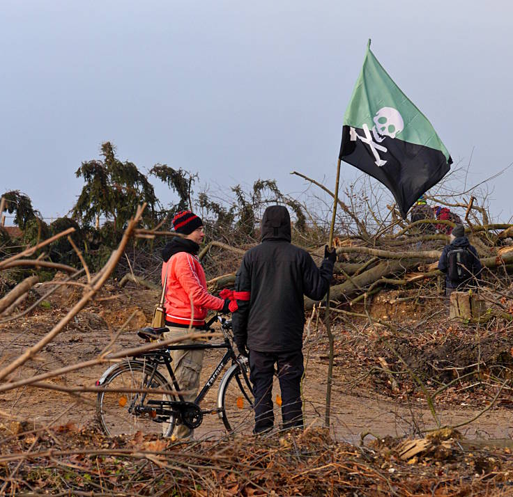 © www.mutbuergerdokus.de: Aktion 'Rote Karte für RWE' - monatliche Waldführung im Hambacher Forst