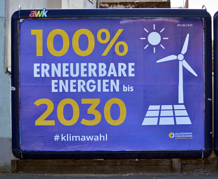 Wahlplakat: '100% ERNEUERBARE ENERGIEN bis 2030 #klimawahl' (2021)